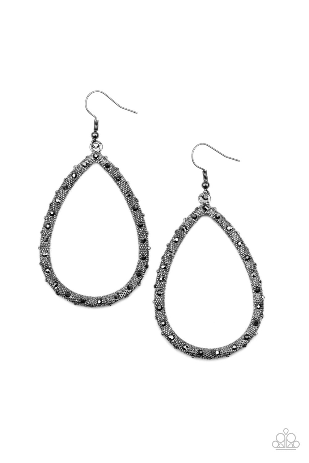 Standout Sparkle Black Earring - Paparazzi Accessories As if rolled in glitter, a studded silver teardrop frame is dotted in faceted hematite rhinestones for a gritty, glamorous look. Earring attaches to a standard fishhook fitting. All Paparazzi Accessories are lead free and nickel free! Sold as one pair of earrings.