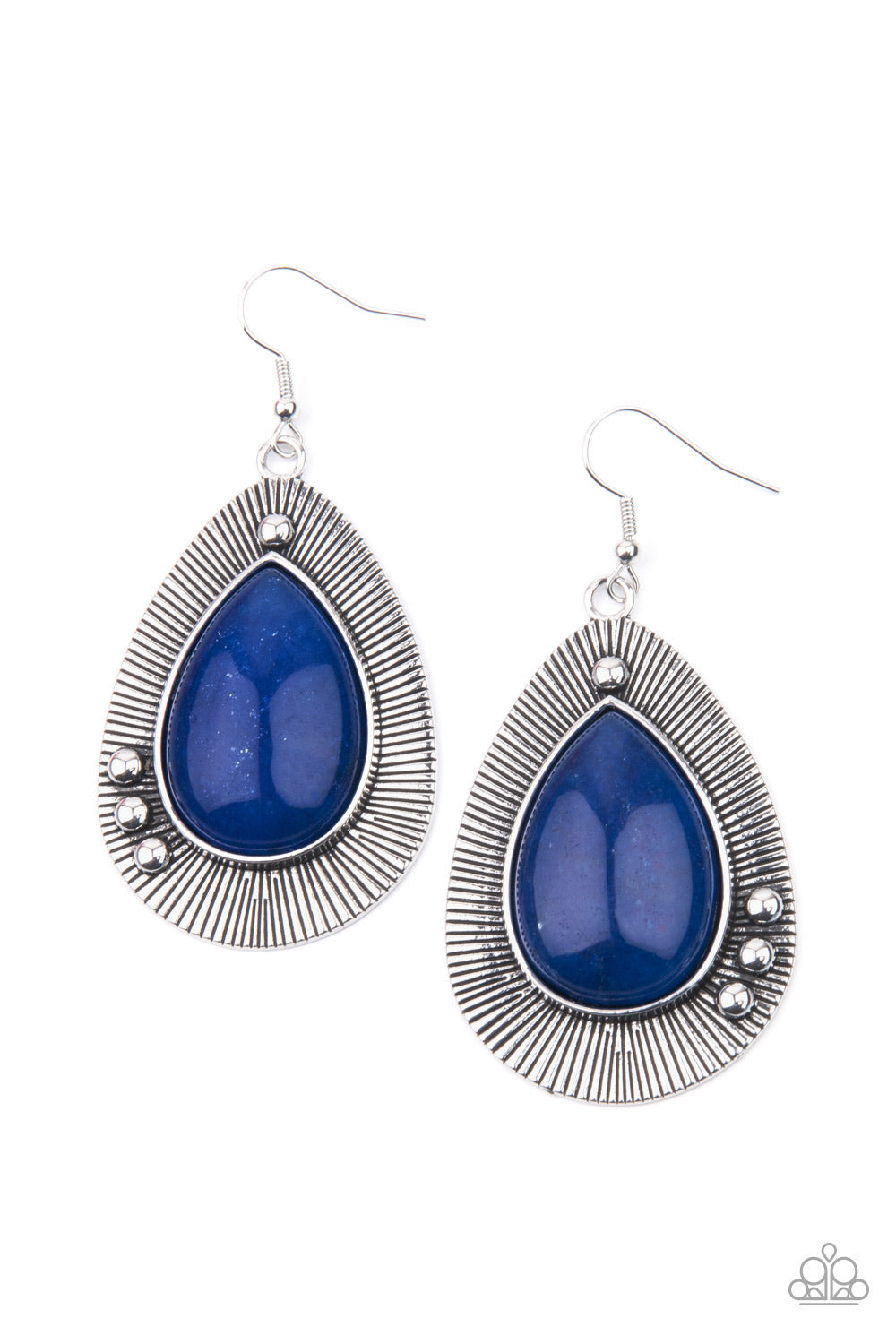 Western Fantasy Blue Earring - Paparazzi Accessories Chiseled into a tranquil teardrop, a shimmery French Blue stone bead is pressed into the center of a rustically studded silver frame radiating with antiqued detail for a southwestern flair. Earring attaches to a standard fishhook fitting. All Paparazzi Accessories are lead free and nickel free! Sold as one pair of earrings.