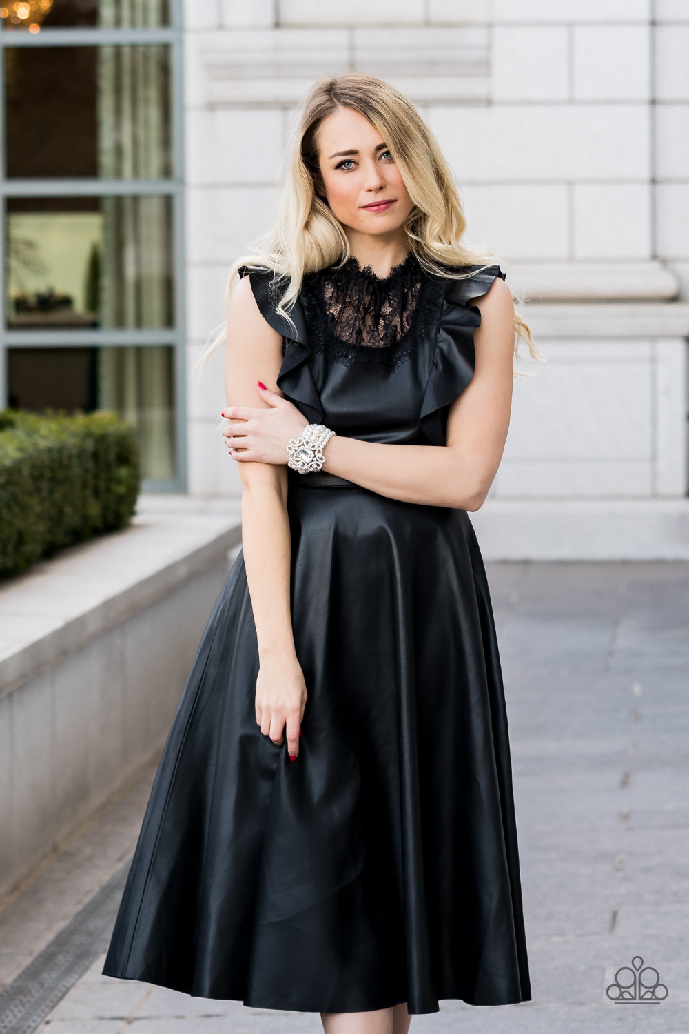 Rule The Room White Bracelet - Paparazzi Accessories A dramatically oversized emerald cut gem adorns the center of a white rhinestone encrusted filigree filled frame. The blinding centerpiece attaches to bubbly rows of pearl beaded stretchy bracelets, creating a gorgeous statement piece. All Paparazzi Accessories are lead free and nickel free! Sold as one individual bracelet.