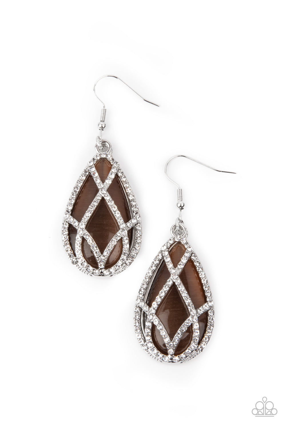 Crawling With Couture Brown Earring - Paparazzi Accessories White rhinestone encrusted silver bars crisscross into a glittering beveled teardrop that delicately overlaps an oversized brown teardrop cat's eye stone, creating a luminously layered lure. Earring attaches to a standard fishhook fitting. All Paparazzi Accessories are lead free and nickel free! Sold as one pair of earrings.