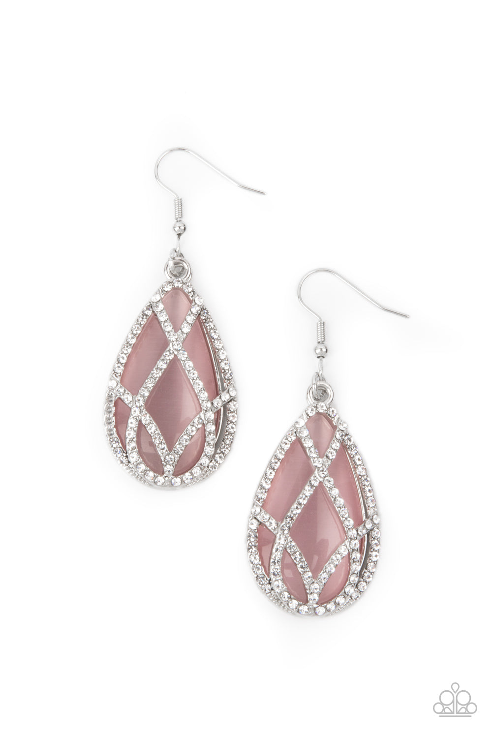 Crawling With Couture Pink Earring - Paparazzi Accessories. White rhinestone encrusted silver bars crisscross into a glittering beveled teardrop that delicately overlaps an oversized pink teardrop cat's eye stone, creating a luminously layered lure. Earring attaches to a standard fishhook fitting. All Paparazzi Accessories are lead free and nickel free! Sold as one pair of earrings.