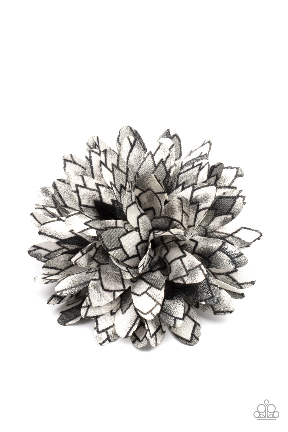 Vanguard Gardens Black Hair Clip - Paparazzi Accessories Featuring gray accents, the petals of a bouncy blossom are printed in an abstract geometric pattern for an artsy look. Features a standard hair clip on the back. All Paparazzi Accessories are lead free and nickel free! Sold as one individual hair clip.