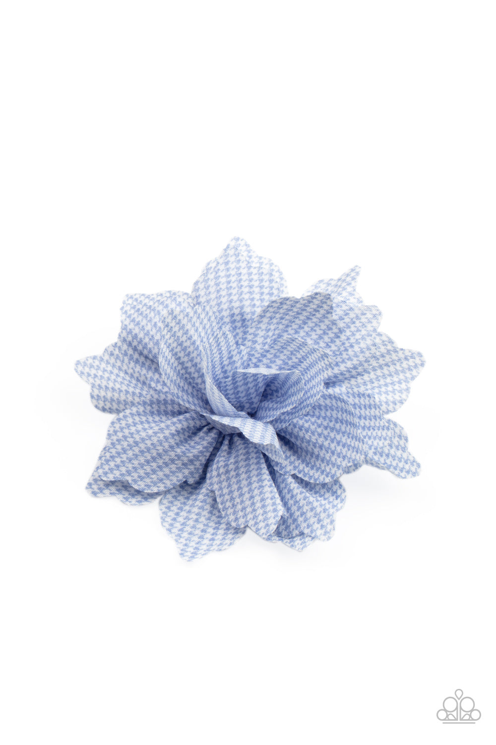Plaid Prairies Blue Hair Clip - Paparazzi Accessories Featuring a blue and white plaid-like pattern, scalloped petals delicately gather into a colorful blossom. Features a standard hair clip on the back. Sold as one individual hair clip.