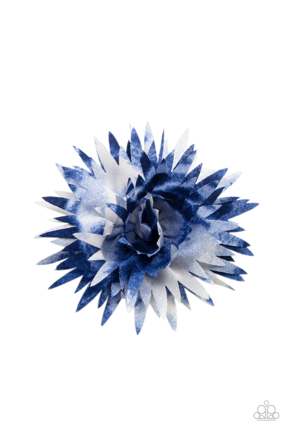 My Favorite Color Is Tie Dye Blue Hair Clip - Paparazzi Accessories Featuring refreshing blue tie dye accents, boisterous petals bloom into a bouncy blossom. Features a standard hair clip on the back. All Paparazzi Accessories are lead free and nickel free! Sold as one individual hair clip.