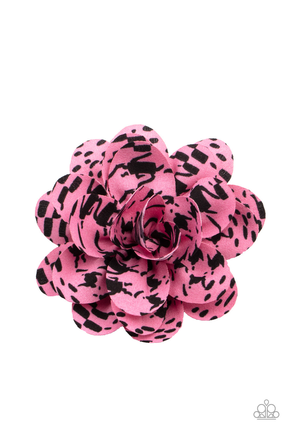 Patterned Paradise Pink Hair Clip - Paparazzi Accessories Patterned in black ink-like blots, soft pink petals gather into an abstract blossom for a unique spring inspired look. Features a standard hair clip on the back. All Paparazzi Accessories are lead free and nickel free! Sold as one individual hair clip.