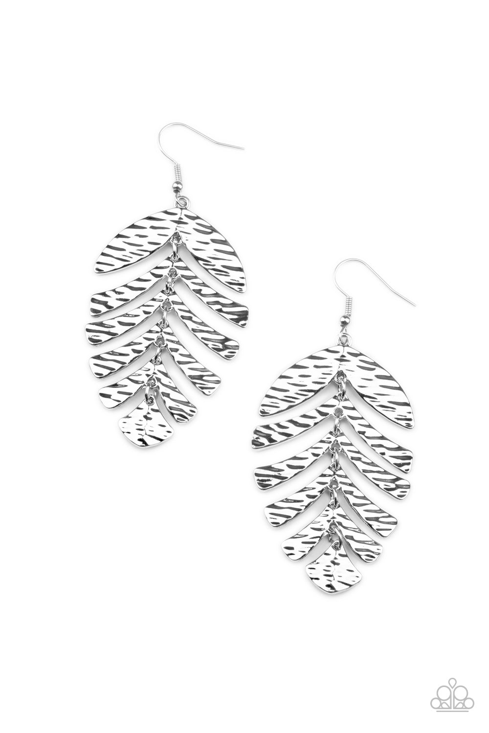 Palm Lagoon Silver Earring - Paparazzi Accessories Rippling with tactile textures, dainty silver frames link into a dancing palm leaf for a simply seasonal fashion. Earring attaches to a standard fishhook fitting. All Paparazzi Accessories are lead free and nickel free! Sold as one pair of earrings.
