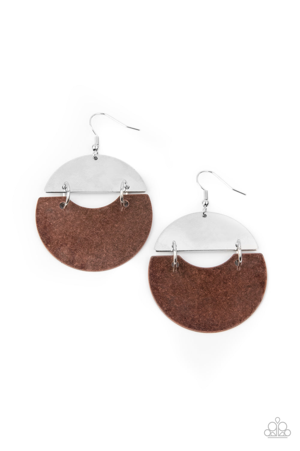 Watching The Sunrise Copper Earring - Paparazzi Accessories An antiqued copper frame links to a shiny silver crescent, creating a rustic lure. Earring attaches to a standard fishhook fitting. All Paparazzi Accessories are lead free and nickel free! Sold as one pair of earrings.