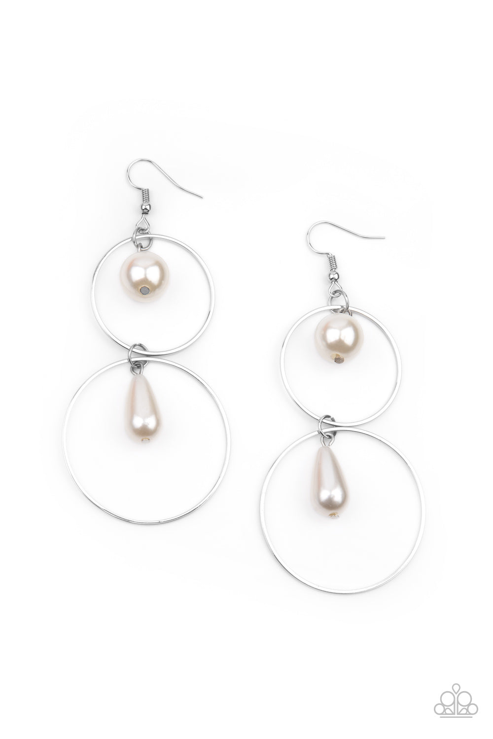 Cultured in Couture White Pearl Earring - Paparazzi Accessories A classic white pearl swings from the top of a shiny silver hoop that is linked to another silver hoop by a pearly teardrop bead, creating a stunningly stacked display. Earring attaches to a standard fishhook fitting. All Paparazzi Accessories are lead free and nickel free! Sold as one pair of earrings.