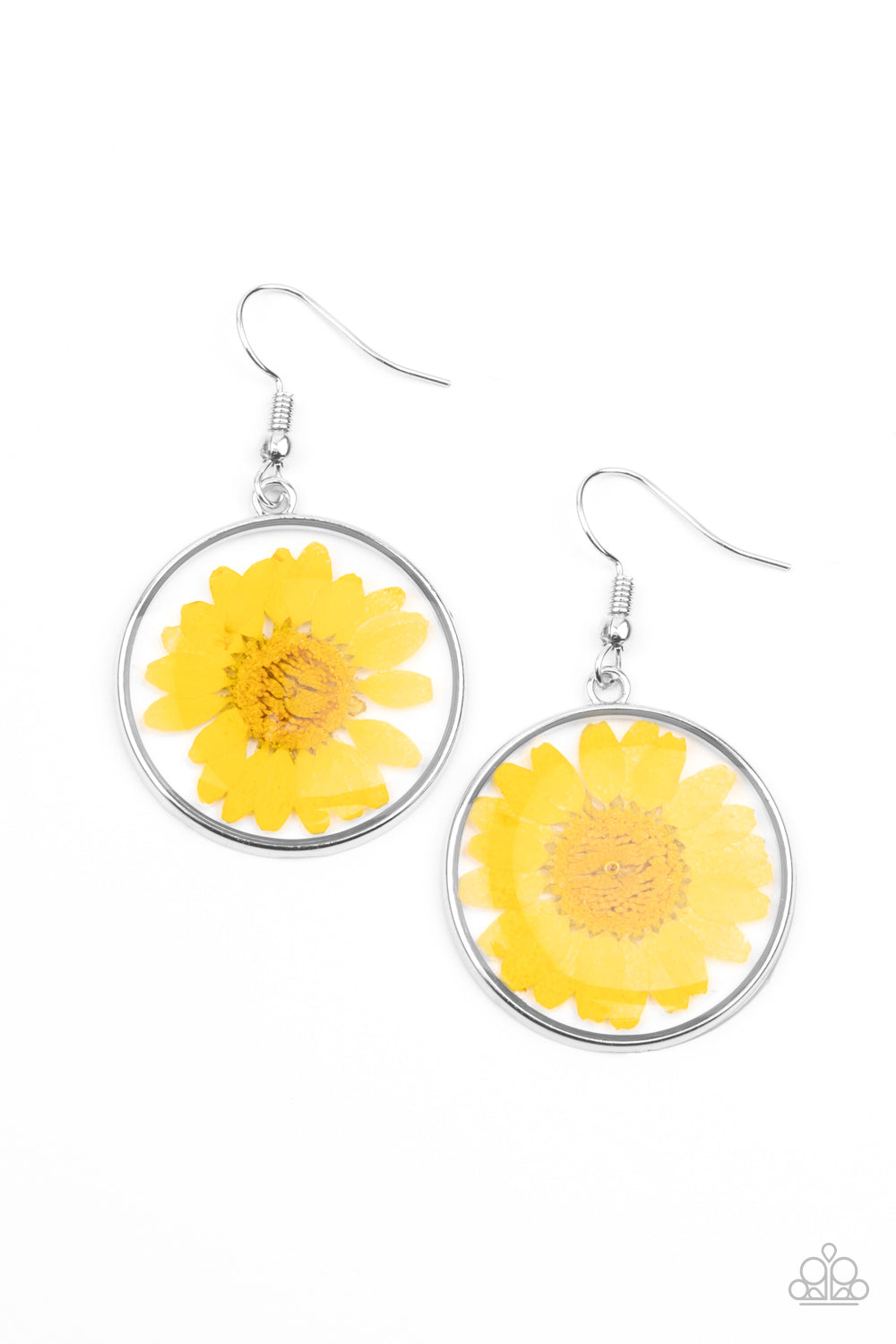 Forever Florals Yellow Earring - Paparazzi Accessories Bordered in a silver fitting, a pressed yellow daisy is encased inside a glassy frame for an enchanted floral look. Earring attaches to a standard fishhook fitting. All Paparazzi Accessories are lead free and nickel free! Sold as one pair of earrings.
