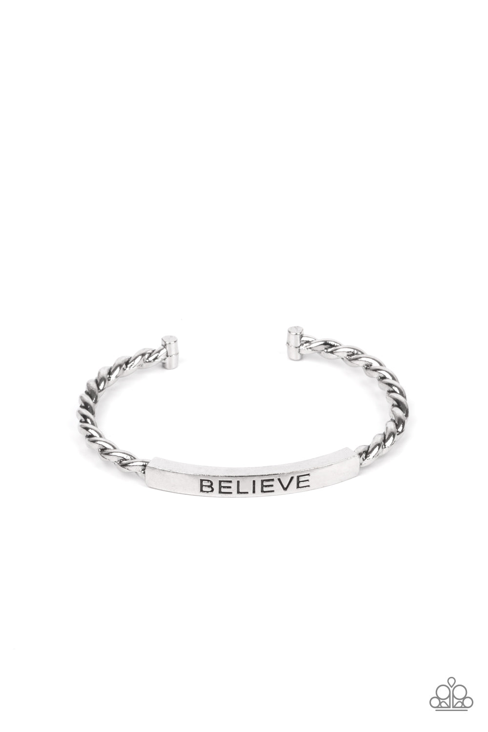 Keep Calm and Believe Silver Cuff Bracelet - Paparazzi Accessories Twisted silver bars attach to a shiny silver plate stamped in the word, "BELIEVE," creating an inspiring cuff around the wrist. Sold as one individual bracelet.