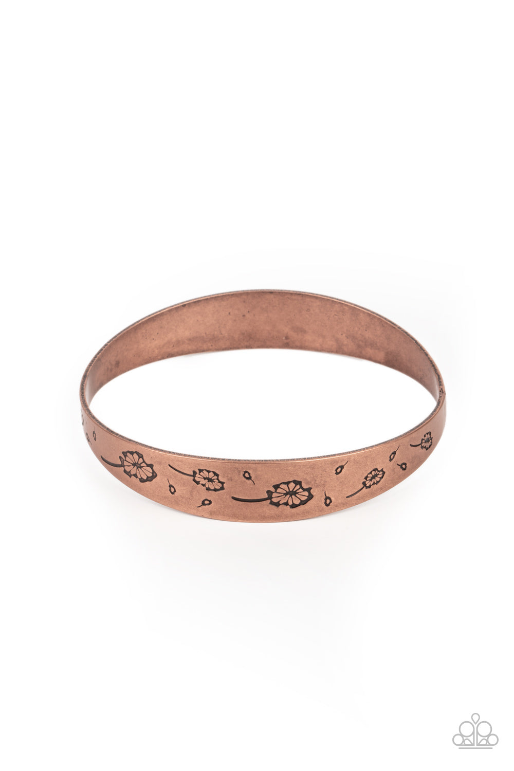 Dandelion Dreamland Copper Bangle Bracelet - Paparazzi Accessories Flowery dandelion-like patterns are stamped across the front of an uneven copper bangle, creating a stackable seasonal display around the wrist. All Paparazzi Accessories are lead free and nickel free! Sold as one individual bracelet.
