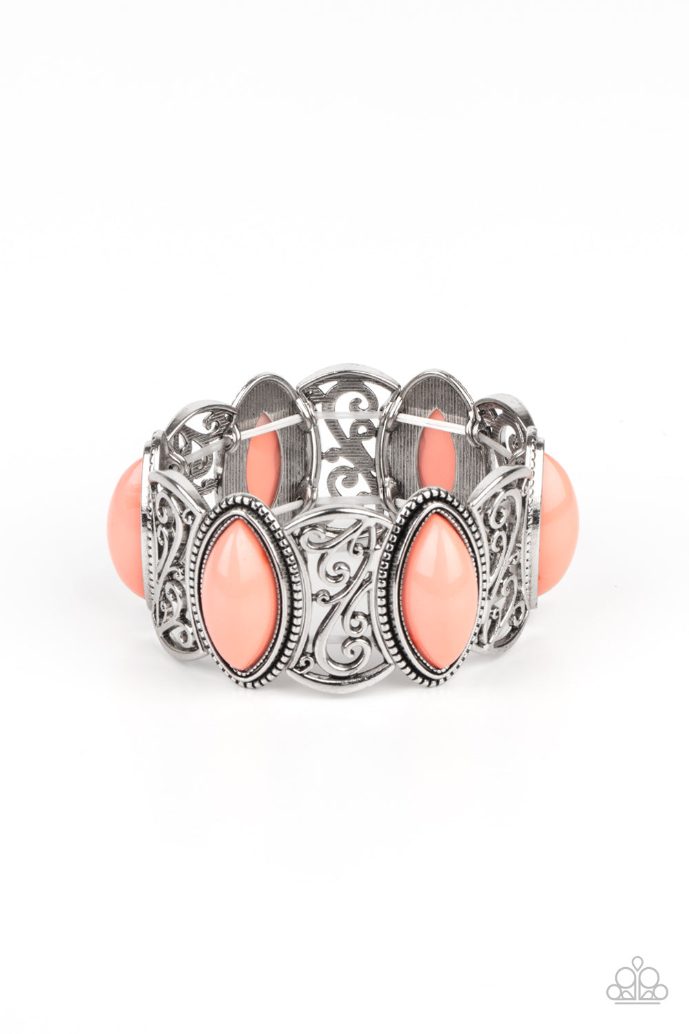 POP, Skip, and a Jump Orange Bracelet - Paparazzi Accessories A whimsical collection of filigree filled silver frames and coral beaded frames are threaded along stretchy bands around the wrist, creating a flamboyant pop of color. All Paparazzi Accessories are lead free and nickel free! Sold as one individual bracelet.