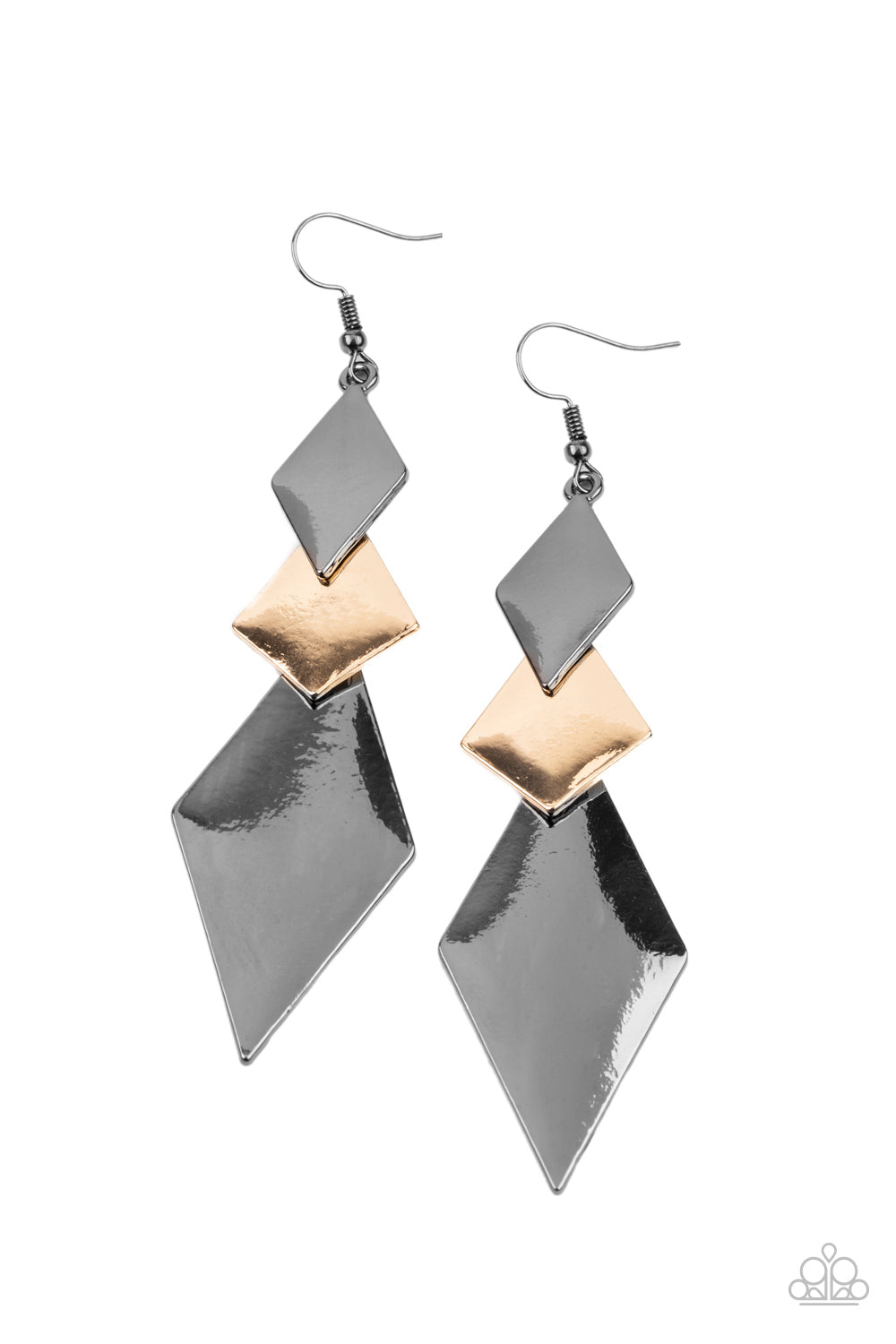 Danger Ahead Multi Earring - Paparazzi Accessories A trio of shiny mismatched gunmetal and gold kite-shaped frames overlap into a sharp-looking lure. Earring attaches to a standard fishhook fitting. All Paparazzi Accessories are lead free and nickel free! Sold as one pair of earrings.