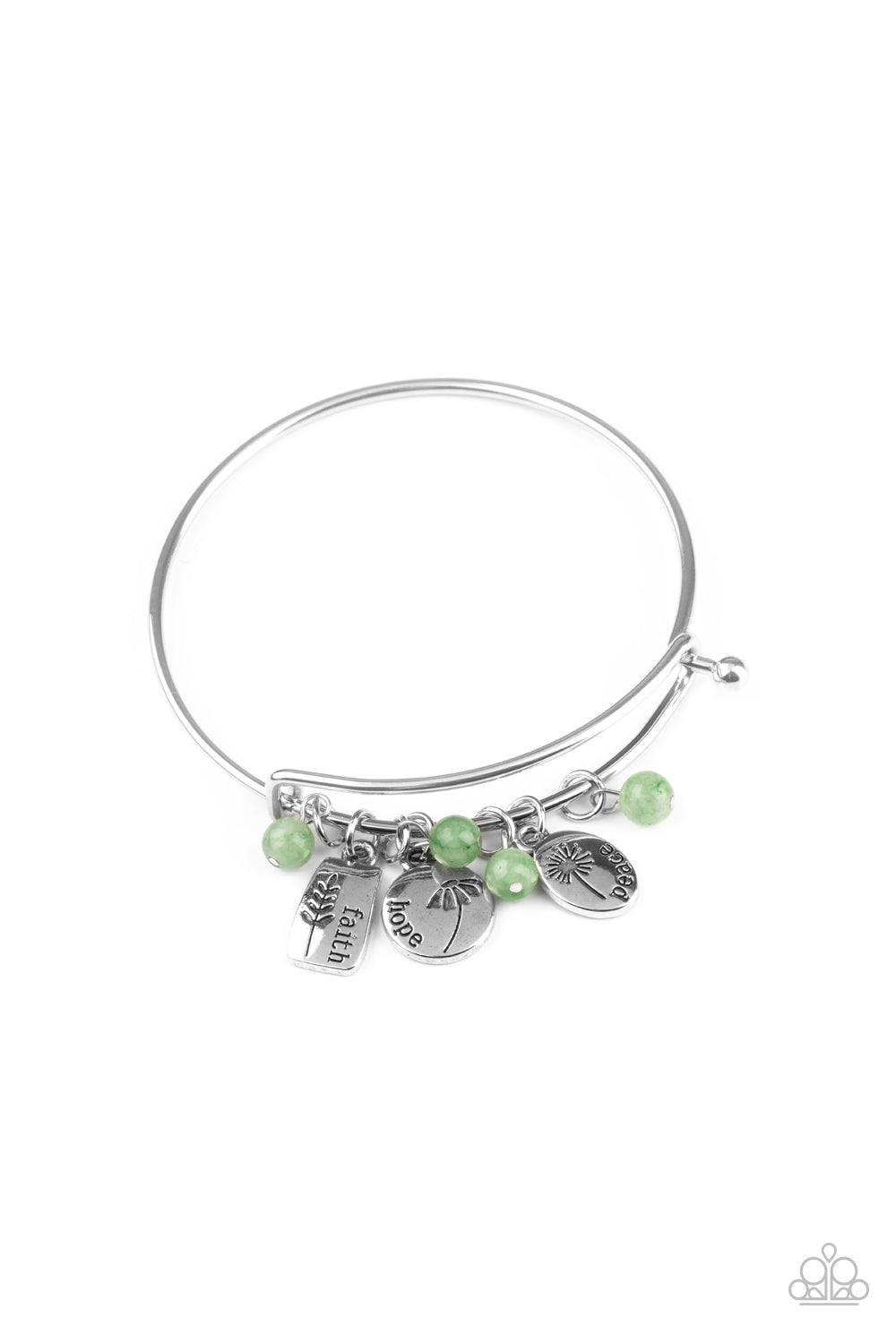 GROWING Strong Green Bracelet - Paparazzi Accessories Glassy green stone beads and silver floral charms stamped in the words, "faith," "hope," and "peace," glide along a dainty bangle-like cuff around the wrist for a whimsical flair. Features an adjustable toggle closure. Sold as one individual bracelet.