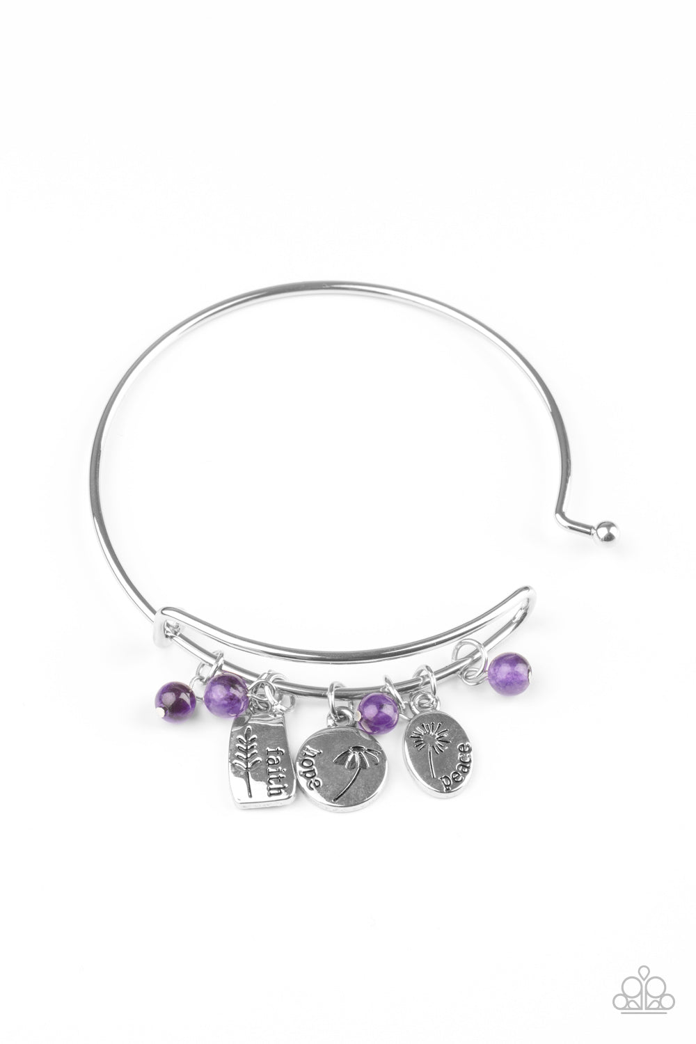 GROWING Strong Purple Bangle Bracelet - Paparazzi Accessories Glassy purple stone beads and silver floral charms stamped in the words, "faith," "hope," and "peace," glide along a dainty bangle-like cuff around the wrist for a whimsical flair. Features an adjustable toggle closure. Sold as one individual bracelet.