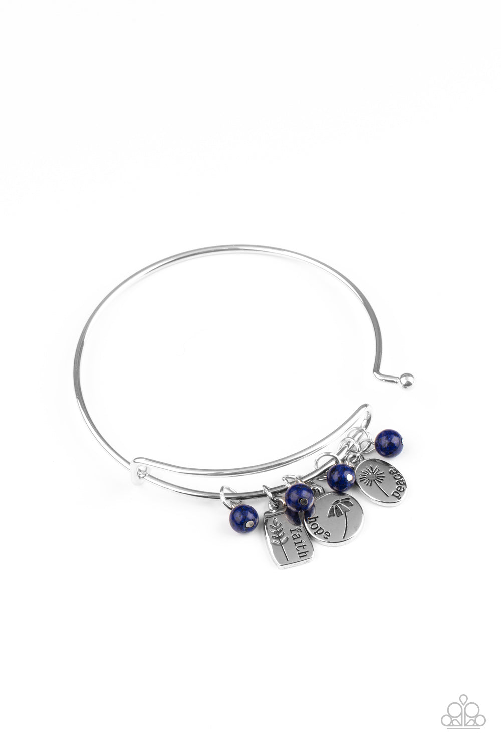 GROWING Strong Blue Inspirational Bracelet - Paparazzi Accessories Glassy blue stone beads and silver floral charms stamped in the words, "faith," "hope," and "peace," glide along a dainty bangle-like cuff around the wrist for a whimsical flair. Features an adjustable toggle closure. All Paparazzi Accessories are lead free and nickel free! Sold as one individual bracelet.