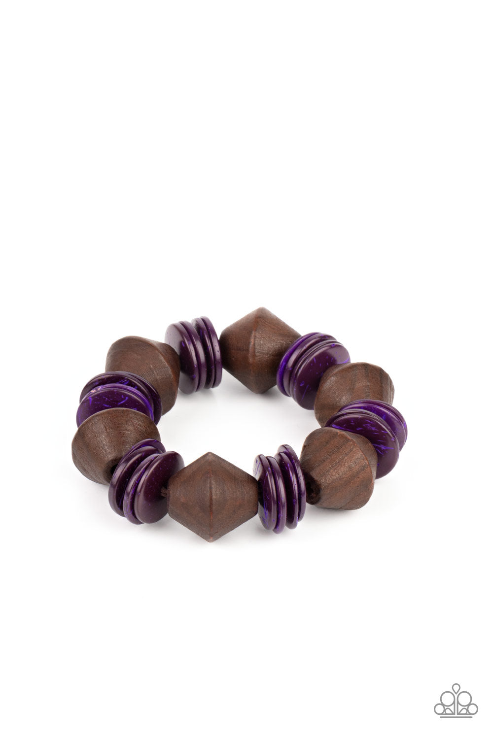 Bermuda Boardwalk Purple Wooden Bracelet - Paparazzi Accessories Purple wooden discs and chunky brown wooden beads are threaded along a stretchy band around the wrist, creating a summery look. All Paparazzi Accessories are lead free and nickel free! Sold as one individual bracelet.