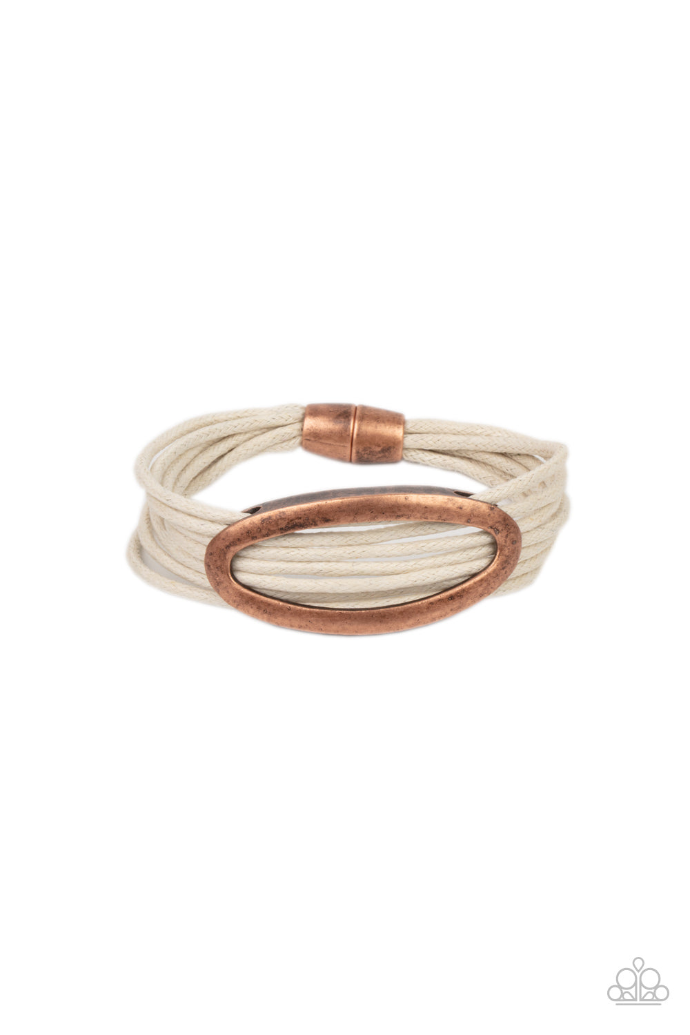 Corded Couture White Bracelet - Paparazzi Accessories. An oval copper fitting glides along strands of rustic white cording, creating colorful layers around the wrist. Features a magnetic closure. All Paparazzi Accessories are lead free and nickel free! Sold as one individual bracelet.