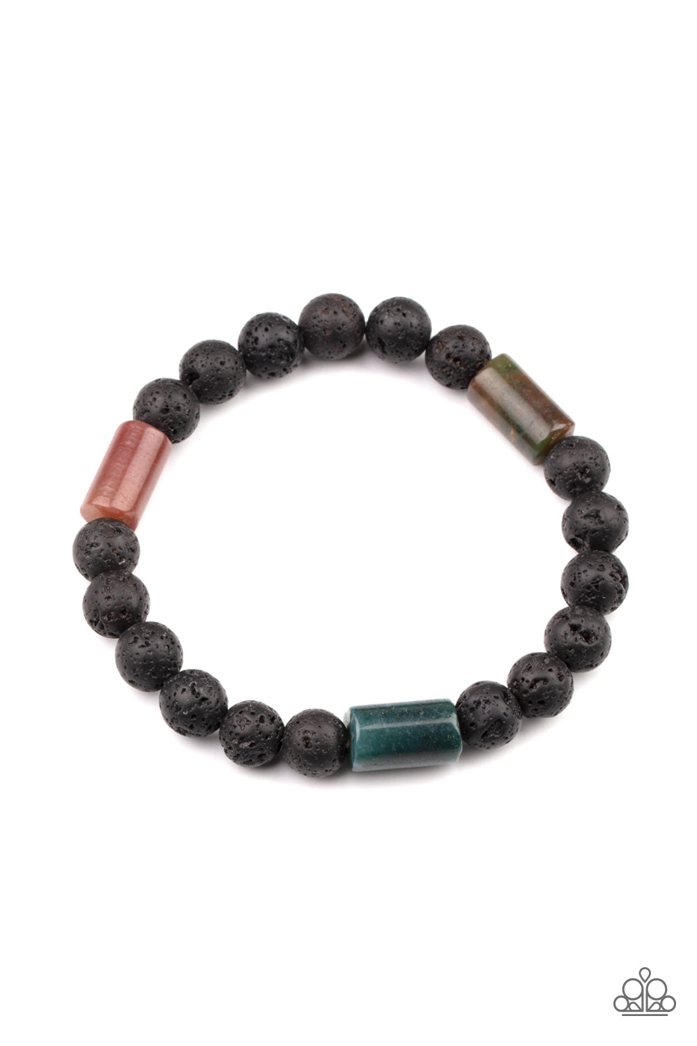 Earthy Energy Green Urban Bracelet - Paparazzi Accessories Multicolored stone accents and black lava rock beads are threaded along a stretchy band around the wrist, creating a colorful seasonal display around the wrist. All Paparazzi Accessories are lead free and nickel free! Sold as one individual bracelet.