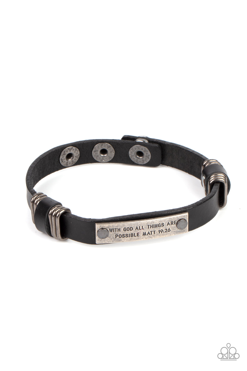 Make It Possible Black Urban Bracelet - Paparazzi Accessories A silver frame is stamped in the bible passage, "With God all things are possible, Matt 19:26," is studded in place across the front of a black leather band, gunmetal rings are added to the display for a rustic finish. Features an adjustable snap closure. All Paparazzi Accessories are lead free and nickel free! Sold as one individual bracelet.