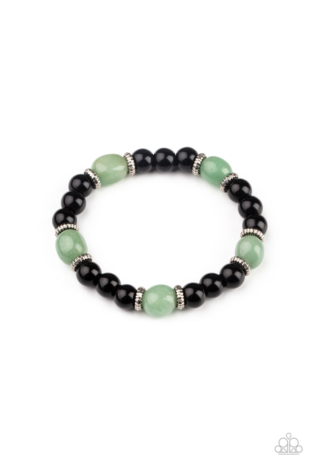 Unity Green Urban Bracelet - Paparazzi Accessories Infused with dainty silver accents, glassy black and green stone beads are threaded along a stretchy band around the wrist for a stackable seasonal look. All Paparazzi Accessories are lead free and nickel free! Sold as one individual bracelet.