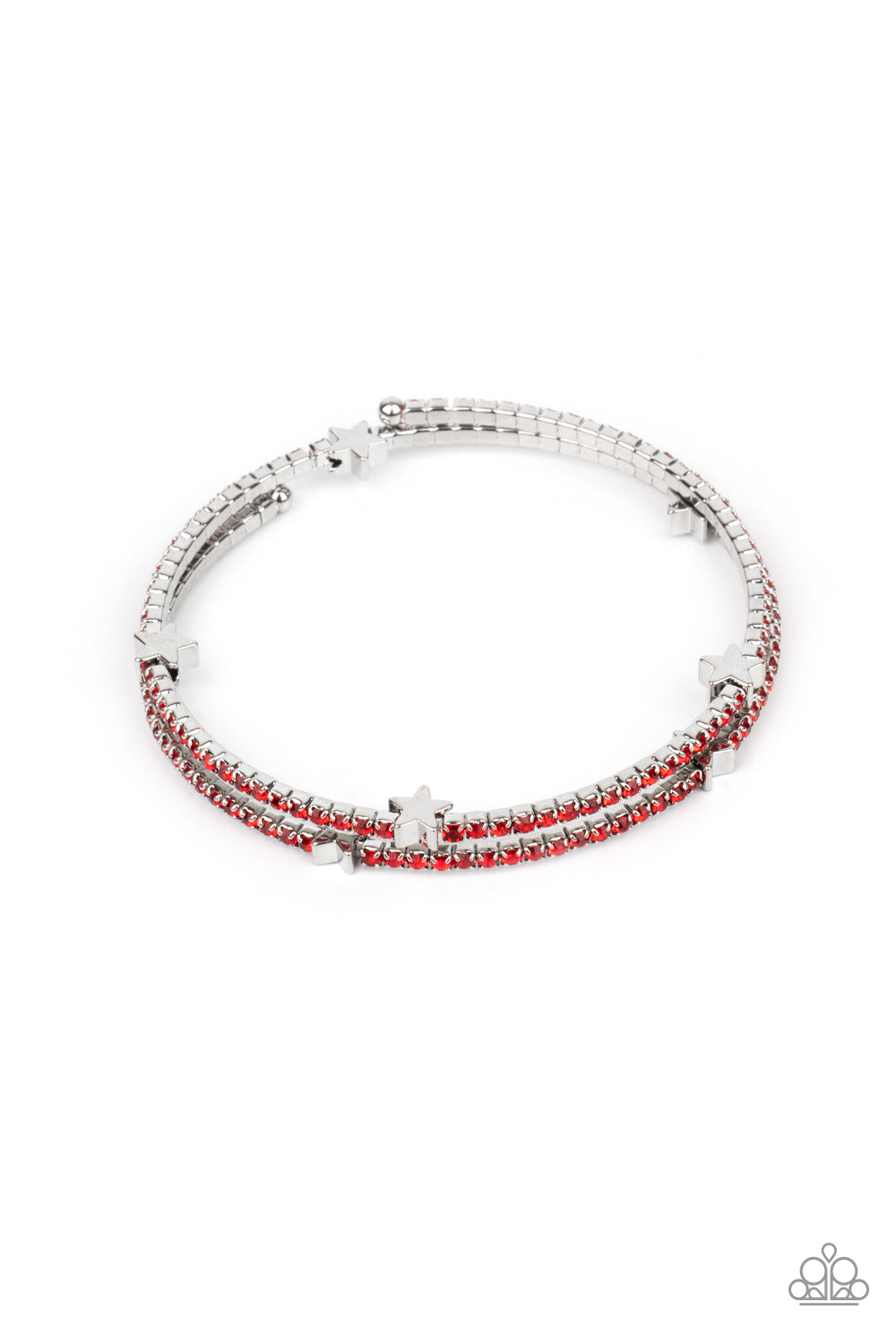 Let Freedom BLING Red Bracelet - Paparazzi Accessories Dotted with dainty silver star charms, a bendable row of fiery red rhinestones spirals around the wrist, creating a sparkly infinity wrap bracelet. All Paparazzi Accessories are lead free and nickel free! Sold as one individual bracelet.