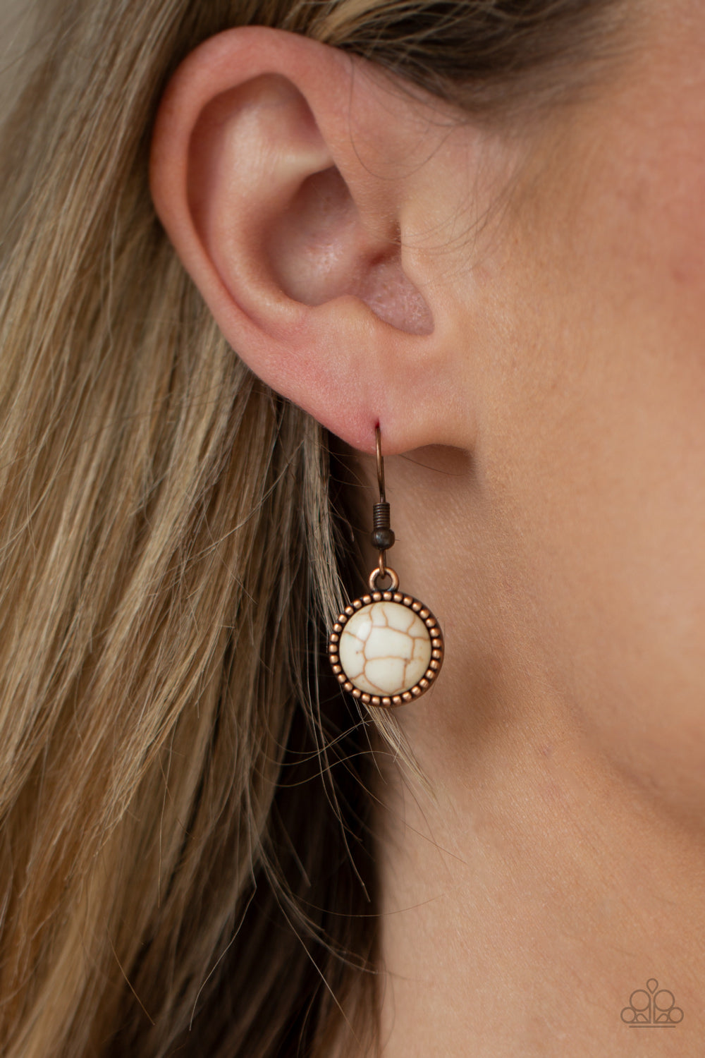 Terrestrial Trailblazer Copper Necklace - Paparazzi Accessories Featuring studded and plain copper frames, small and large white stones delicately alternate below the collar. A refreshing white stone teardrop frame swings from the bottom of a matching stone frame, creating an earthy extended pendant. Features an adjustable clasp closure. Includes one pair of matching earrings. Get The Complete Look! Bracelet: "Turn Up The Terra - White" (Sold Separately)