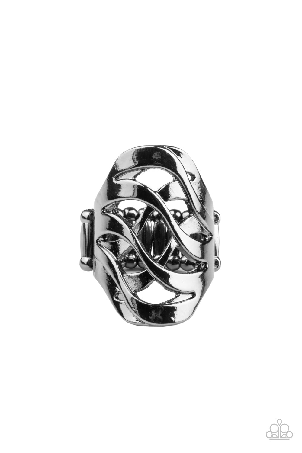 Open Fire Black Ring - Paparazzi Accessories Dainty gunmetal bars delicately crisscross across the finger, weaving into a fiery frame centerpiece. Features a stretchy band for a flexible fit. All Paparazzi Accessories are lead free and nickel free! Sold as one individual ring.