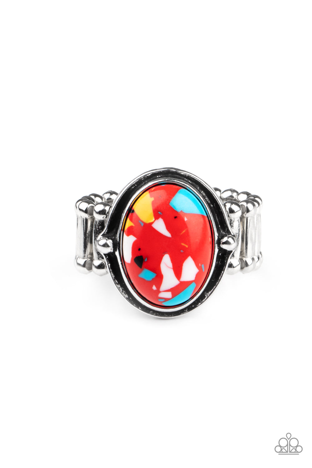 Terrifically Terrazzo Red Ring - Paparazzi Accessories Featuring a colorful terrazzo finish, a marbled red stone is pressed into the center of a stacked silver frame for a funky pop of color. Features a stretchy band for a flexible fit. All Paparazzi Accessories are lead free and nickel free! Sold as one individual ring.