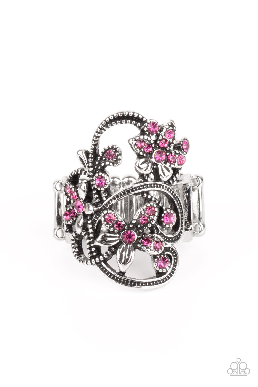 Bouquet Toss Pink Ring - Paparazzi Accessories Dotted with dainty pink rhinestone centers, antiqued silver floral frames bloom across a studded backdrop for a sparkly seasonal look. Features a stretchy band for a flexible fit. All Paparazzi Accessories are lead free and nickel free! Sold as one individual ring.