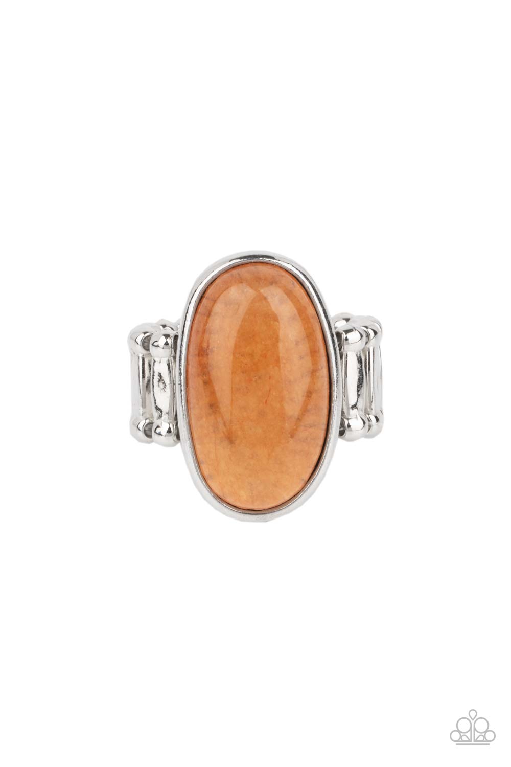 Mystical Mantra Orange Ring - Paparazzi Accessories An oval orange stone is encased inside a sleek silver frame, creating a mystical centerpiece atop the finger. Features a stretchy band for a flexible fit. As the stone elements in this piece are natural, some color variation is normal. Sold as one individual ring.