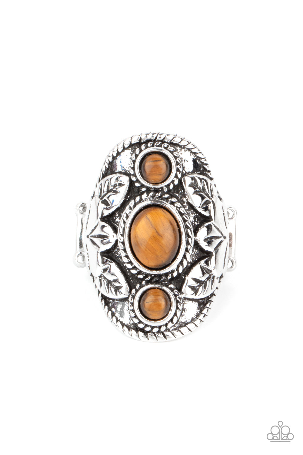 PALMS Up Brown Ring - Paparazzi Accessories. Embossed in whimsical palm leaf patterns, a rustic silver frame is dotted in three tiger's eye stones for a mystical finish. Features a stretchy band for a flexible fit. All Paparazzi Accessories are lead free and nickel free! Sold as one individual ring.