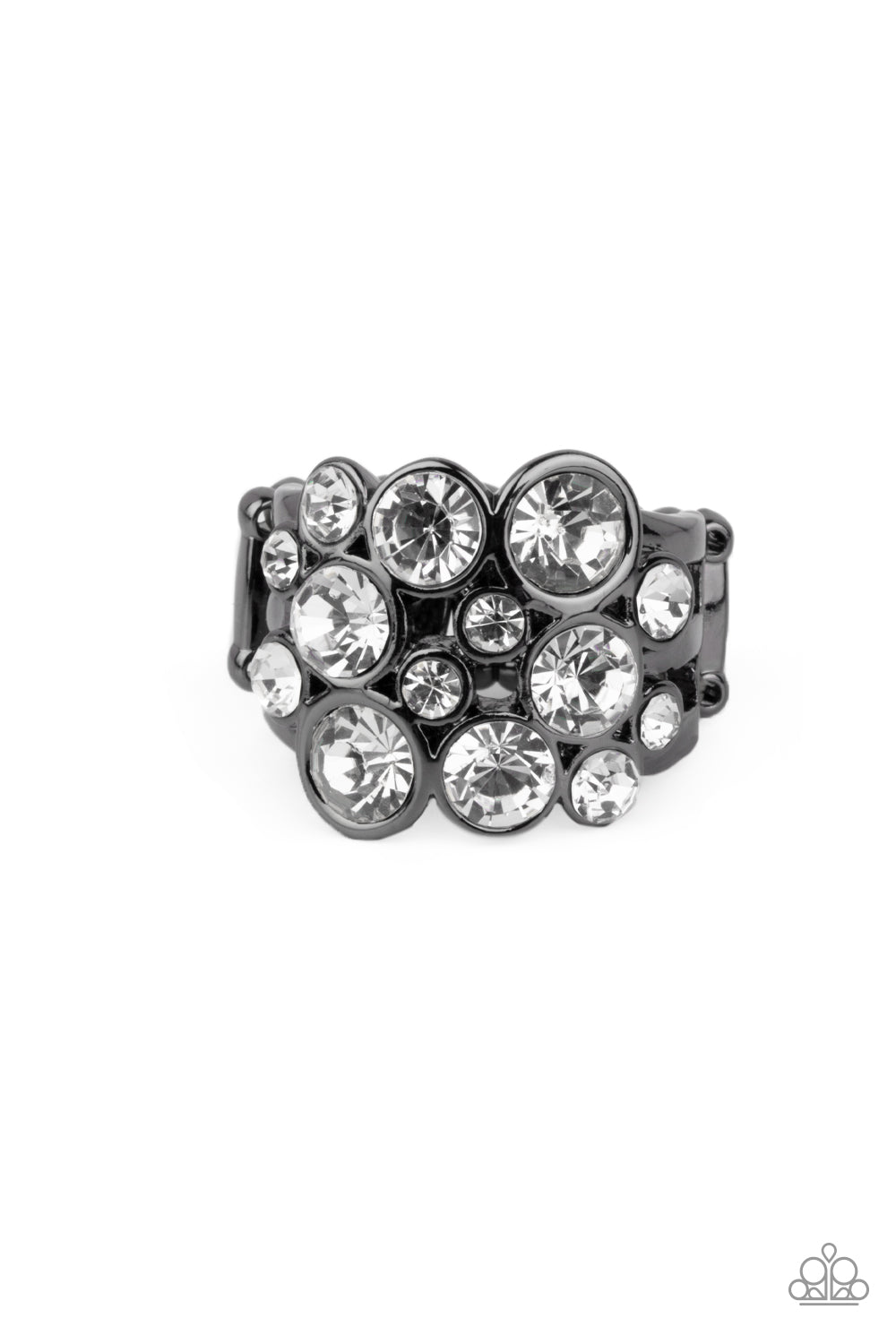Bubbling Bravado Black Ring - Paparazzi Accessories. Encased in sleek gunmetal frames, a bubbly collection of sparkly white rhinestones coalesces into a glamorous band across the finger. Features a stretchy band for a flexible fit. All Paparazzi Accessories are lead free and nickel free! Sold as one individual ring.
