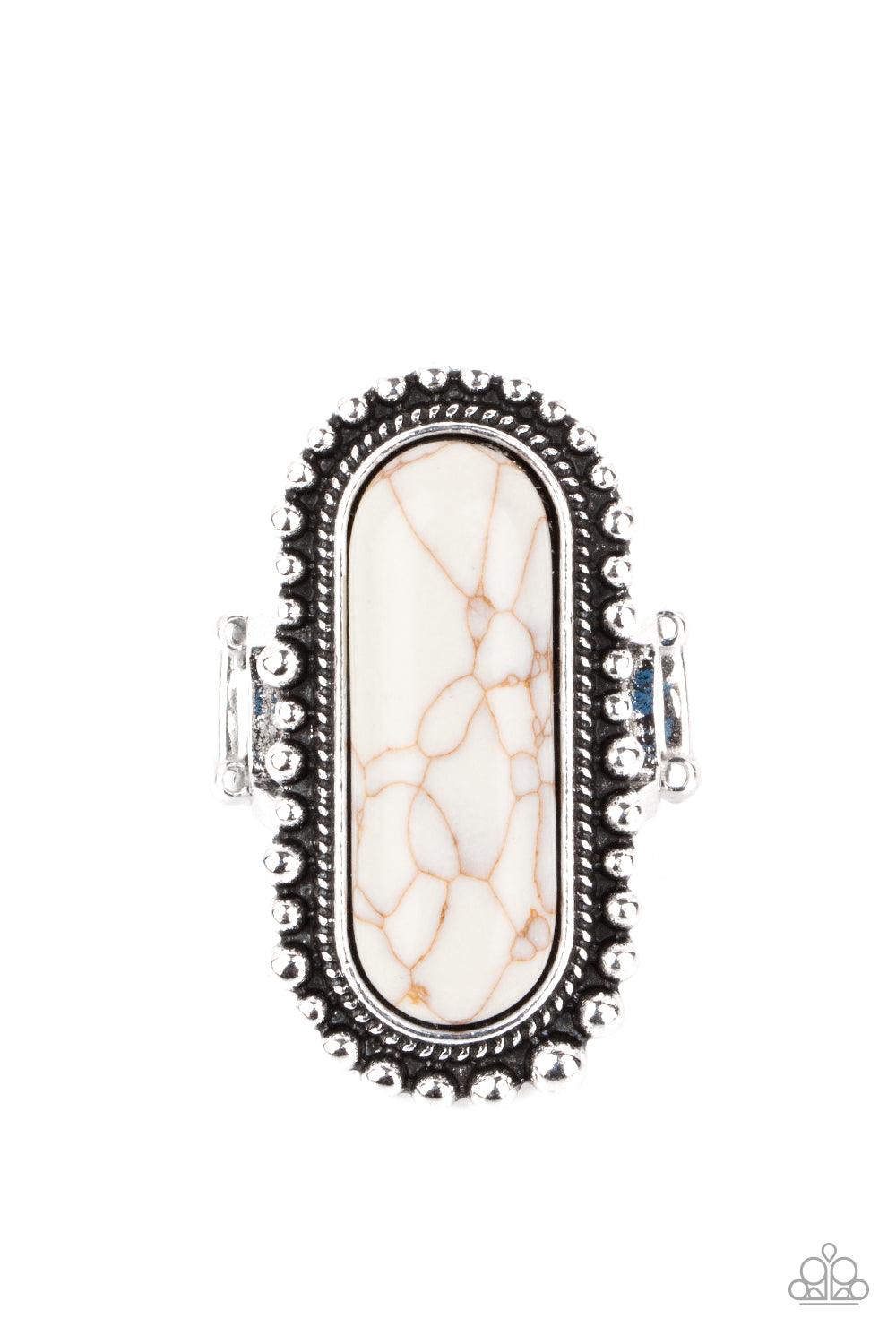 Sedona Scene White Ring - Paparazzi Accessories An oblong white stone is nestled inside an oversized studded silver frame, creating a colorfully rustic centerpiece atop the finger. Features a stretchy band for a flexible fit. All Paparazzi Accessories are lead free and nickel free! Sold as one individual ring.