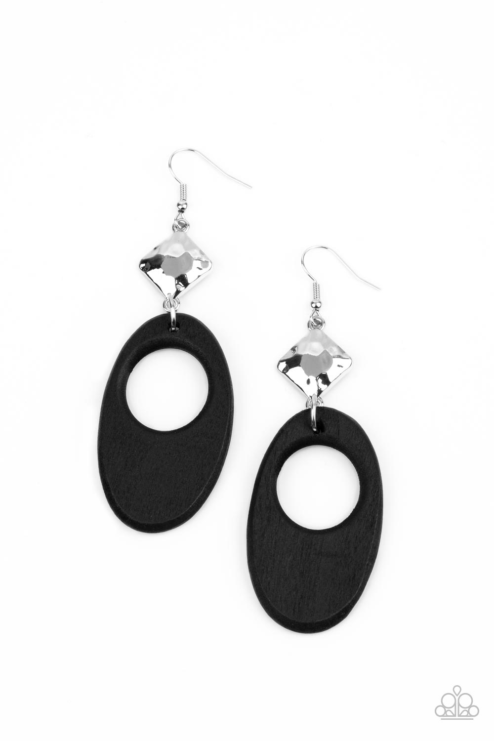 Retro Reveal Black Earring - Paparazzi Accessories An airy black wooden oval frame swings from the bottom of a hammered silver frame, creating a retro lure. Earring attaches to a standard fishhook fitting. All Paparazzi Accessories are lead free and nickel free! Sold as one pair of earrings.