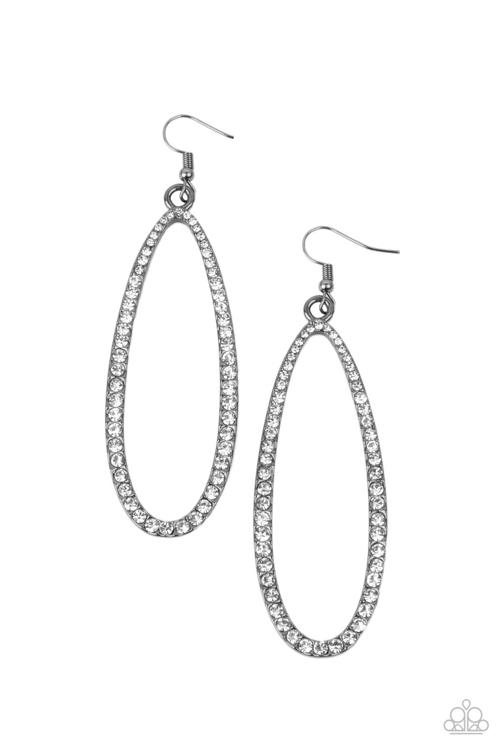Dazzling Decorum Black Earring - Paparazzi Accessories The front of a lengthened gunmetal oval frame is encrusted in glittery white rhinestones, creating a glamorous centerpiece. Earring attaches to a standard fishhook fitting. All Paparazzi Accessories are lead free and nickel free! Sold as one pair of earrings.