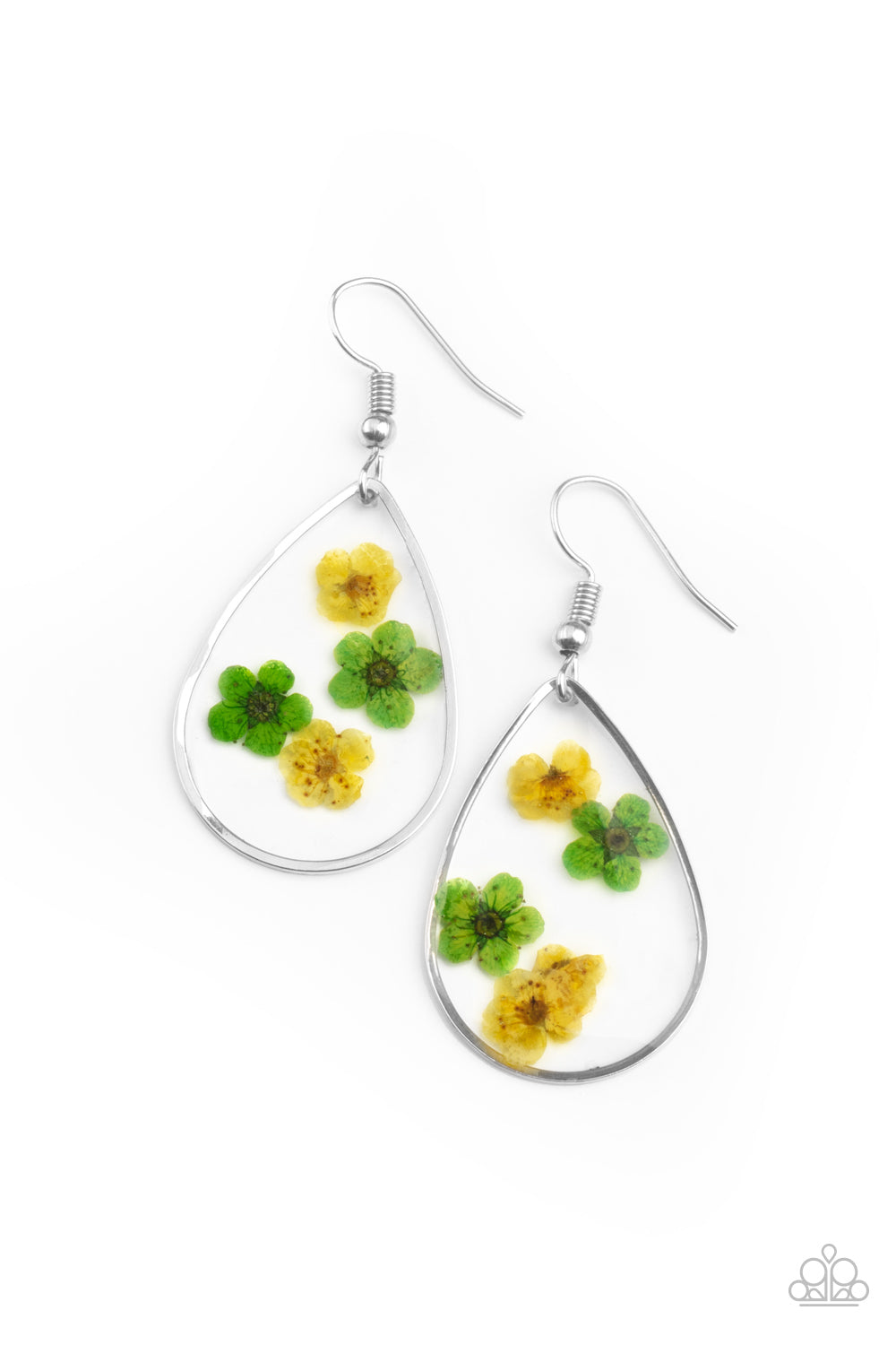 Perennial Prairie Yellow Flower Earring - Paparazzi Accessories Dainty yellow and green flowers are encased in a glassy teardrop, creating a whimsical frame. Earring attaches to a standard fishhook fitting. All Paparazzi Accessories are lead free and nickel free! Sold as one pair of earrings.