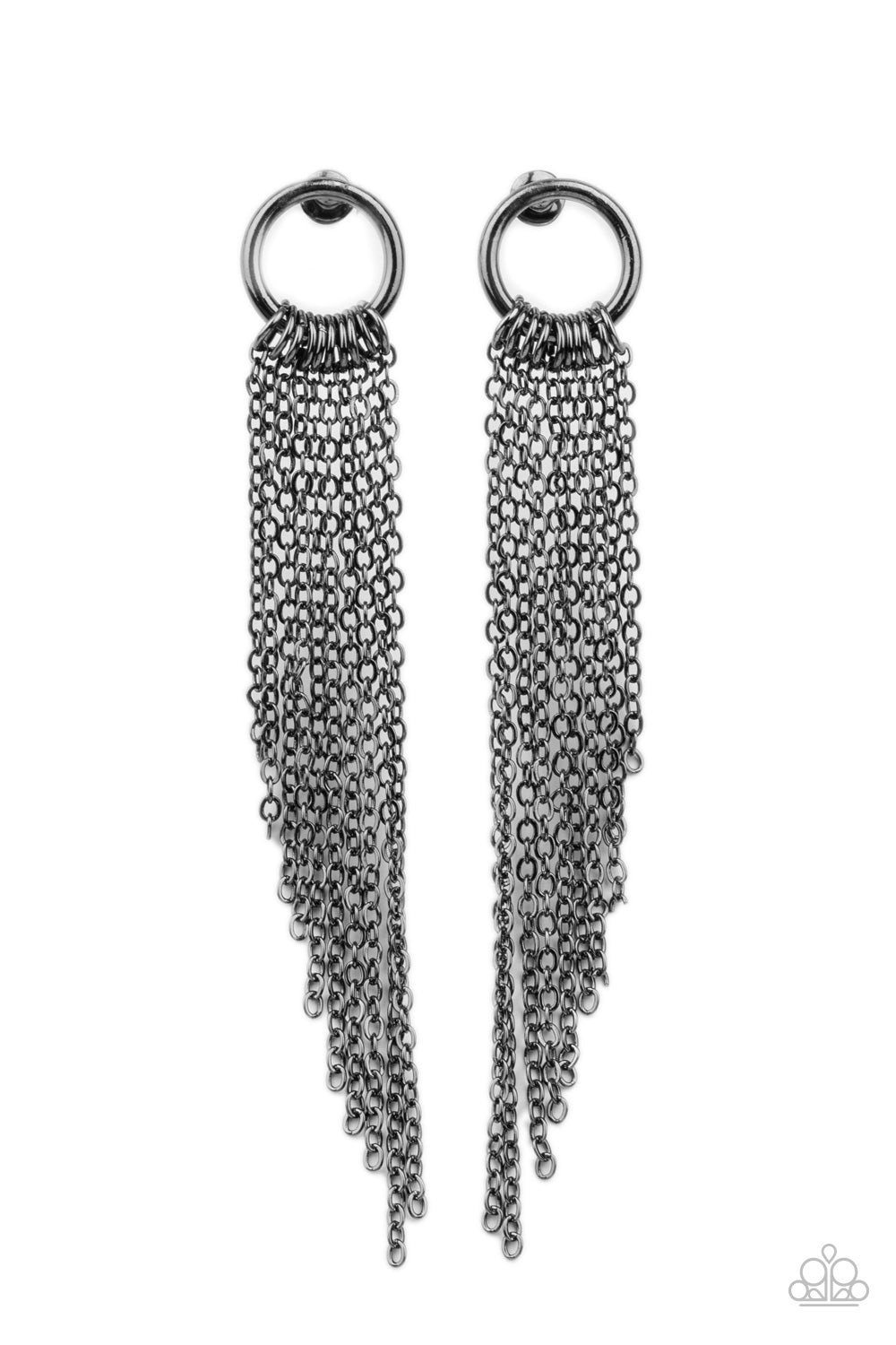 Divinely Dipping Black Earring - Paparazzi Accessories Tapered gunmetal chains cascade from the bottom of a dainty gunmetal hoop, creating an angled fringe. Earring attaches to a standard post fitting. All Paparazzi Accessories are lead free and nickel free! Sold as one pair of post earrings.