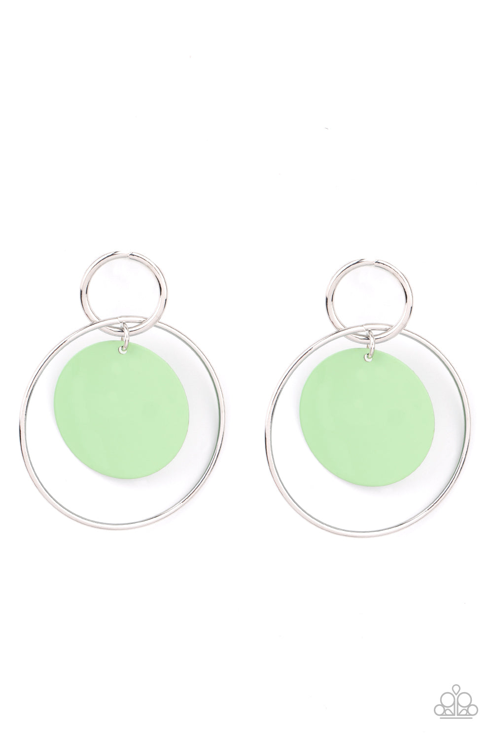 POP, Look, and Listen Green Earring - Paparazzi Accessories A minty Green Ash disc swings from two interlocking silver hoops, creating a flirtatious pop of color. Earring attaches to a standard post fitting. All Paparazzi Accessories are lead free and nickel free! Sold as one pair of post earrings.