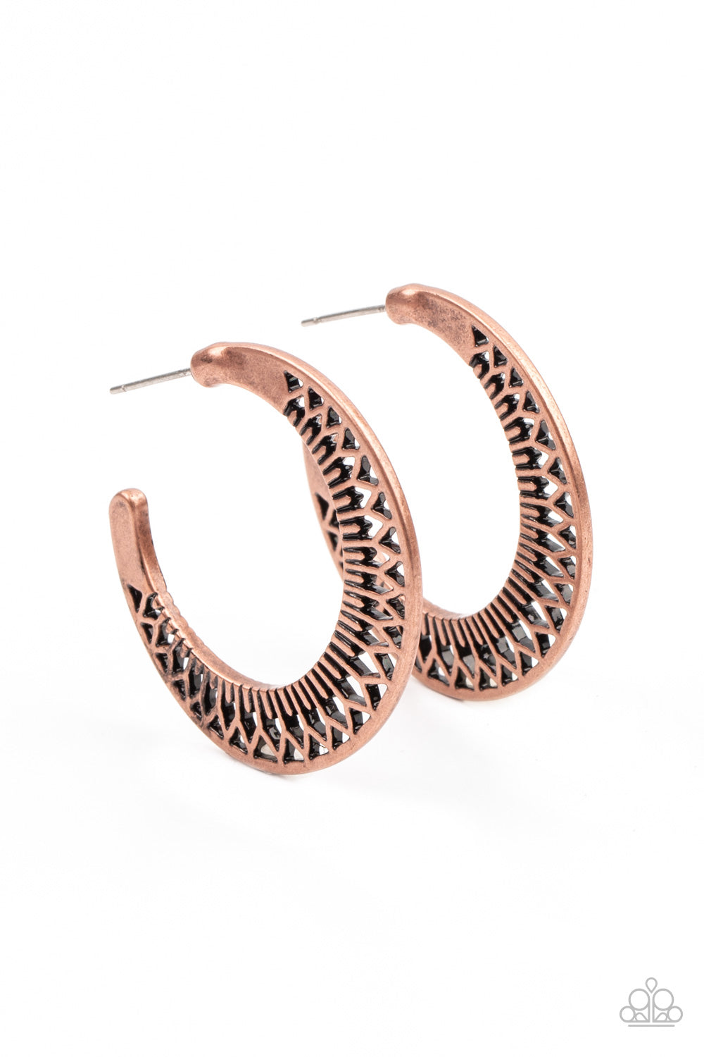 Bada BLOOM! Copper Hoop Earring - Paparazzi Accessories An antiqued copper hoop is cut out in an airy stenciled pattern, creating geometric petals for a seasonal vibe. Earring attaches to a standard post fitting. Hoop measures approximately 1 1/2" in diameter. Sold as one pair of hoop earrings.