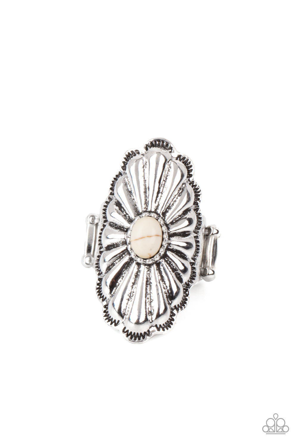 Cottage Couture - White Item #P4SE-WTXX-147XX Beveled silver petals fan out from the center of an oval white stone atop a scalloped silver frame, creating a whimsically rustic centerpiece atop the finger. Features a stretchy band for a flexible fit. Sold as one individual ring.