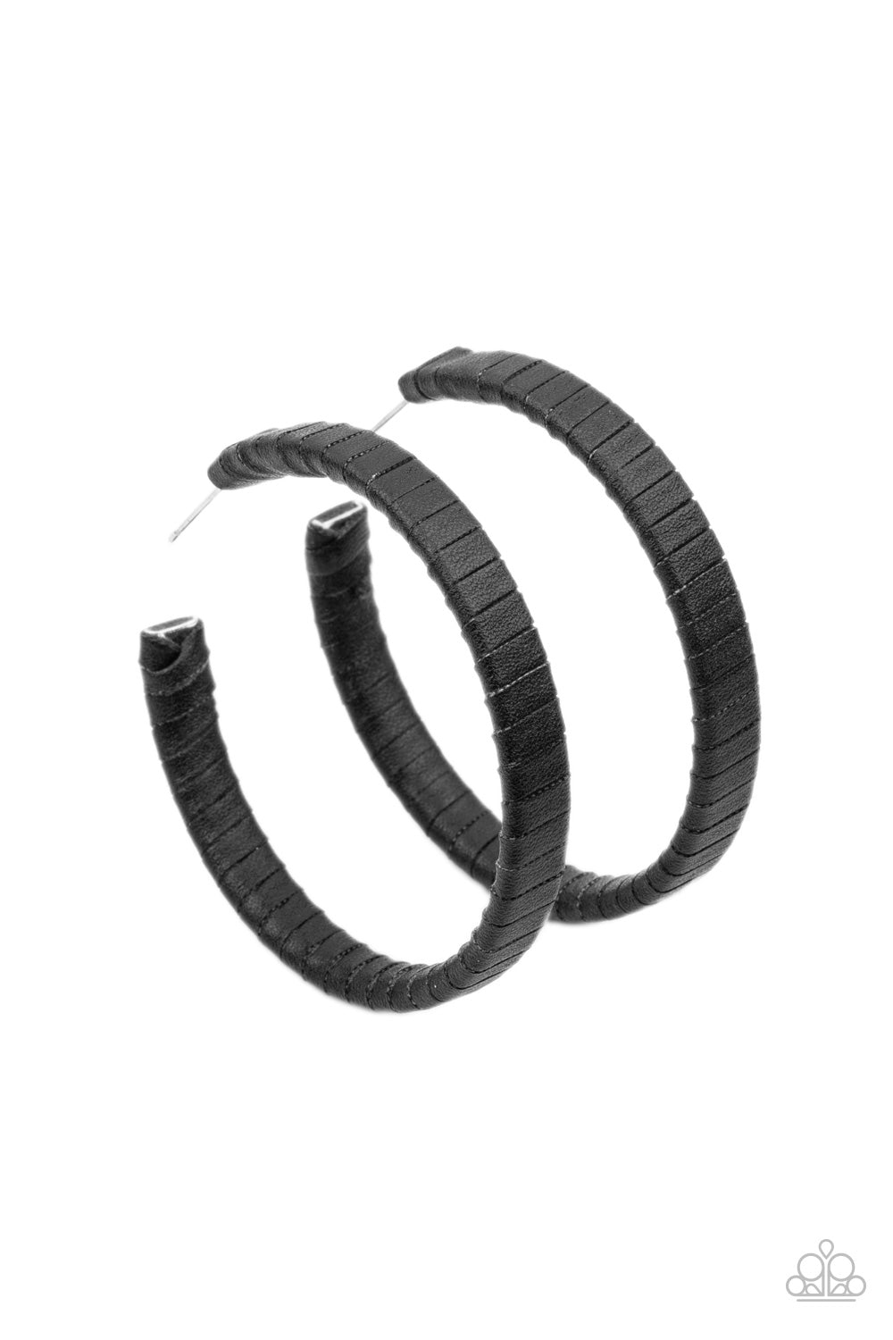 Leather-Clad Legend Black Hoop Earring - Paparazzi Accessories A black leather lace wraps around a thick silver hoop, creating an edgy display. Earring attaches to a standard post fitting. Hoop measures approximately 2 1/2" in diameter. All Paparazzi Accessories are lead free and nickel free! Sold as one pair of hoop earrings.