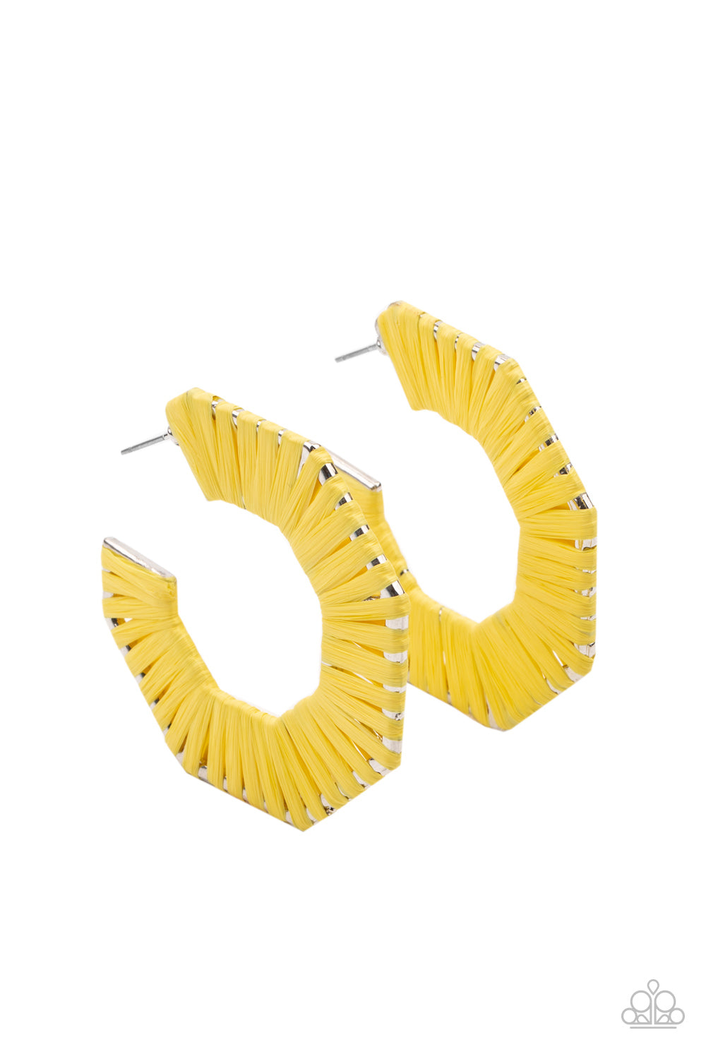 Fabulously Fiesta Yellow Hoop Earring - Paparazzi Accessories Illuminating wicker-like cording is wrapped around a hexagonal hoop, creating a colorful pop of color. Earring attaches to a standard post fitting. Hoop measures approximately 2" in diameter. All Paparazzi Accessories are lead free and nickel free! Sold as one pair of hoop earrings.