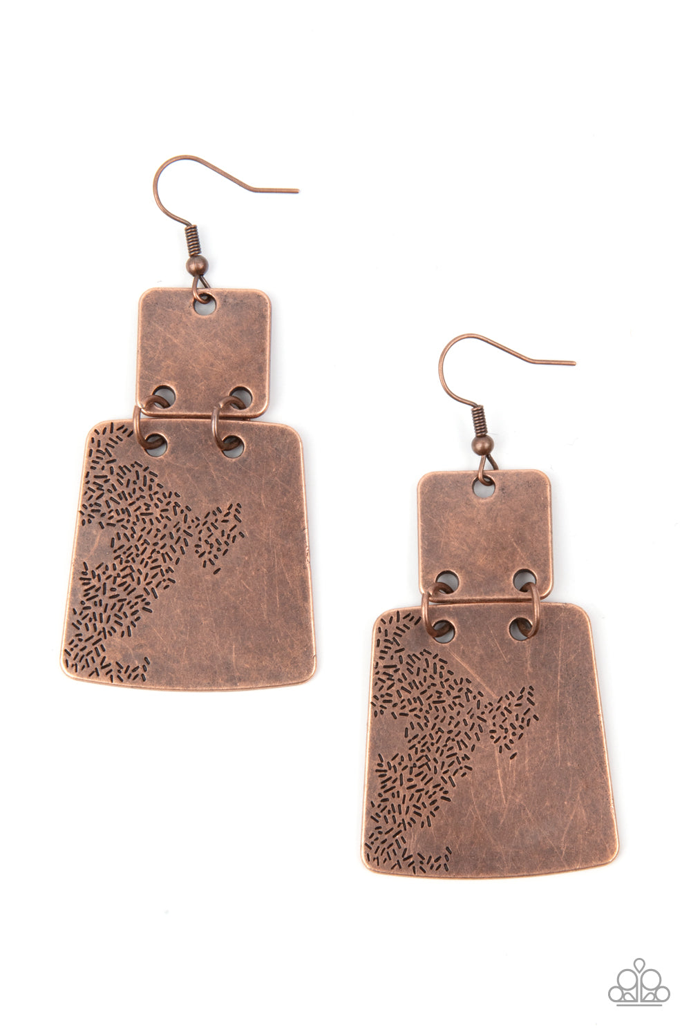 Tagging Along Copper Earring - Paparazzi Accessories. Stamped in an abstract pattern, a flared copper plate links to the bottom of a square copper frame, creating a rustic lure. Earring attaches to a standard fishhook fitting. All Paparazzi Accessories are lead free and nickel free! Sold as one pair of earrings.
