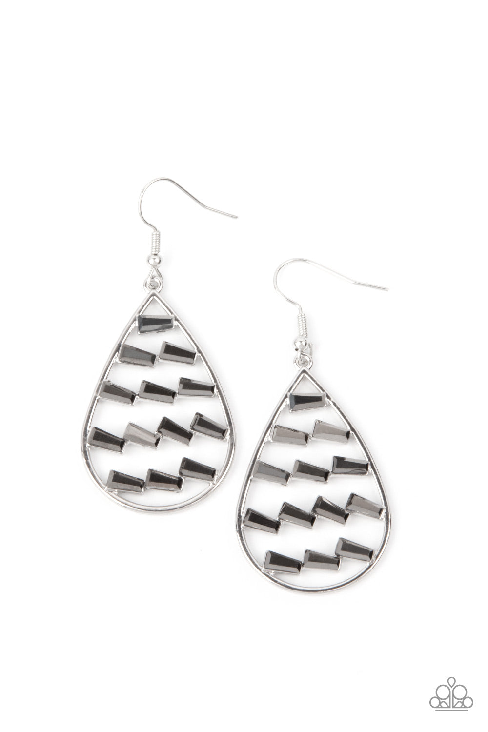 Glitzy Grit Silver Earring - Paparazzi Accessories Flared emerald cut hematite rhinestones haphazardly stack in rows across the center of an airy silver teardrop, creating an edgy frame. Earring attaches to a standard fishhook fitting. All Paparazzi Accessories are lead free and nickel free! Sold as one pair of earrings.