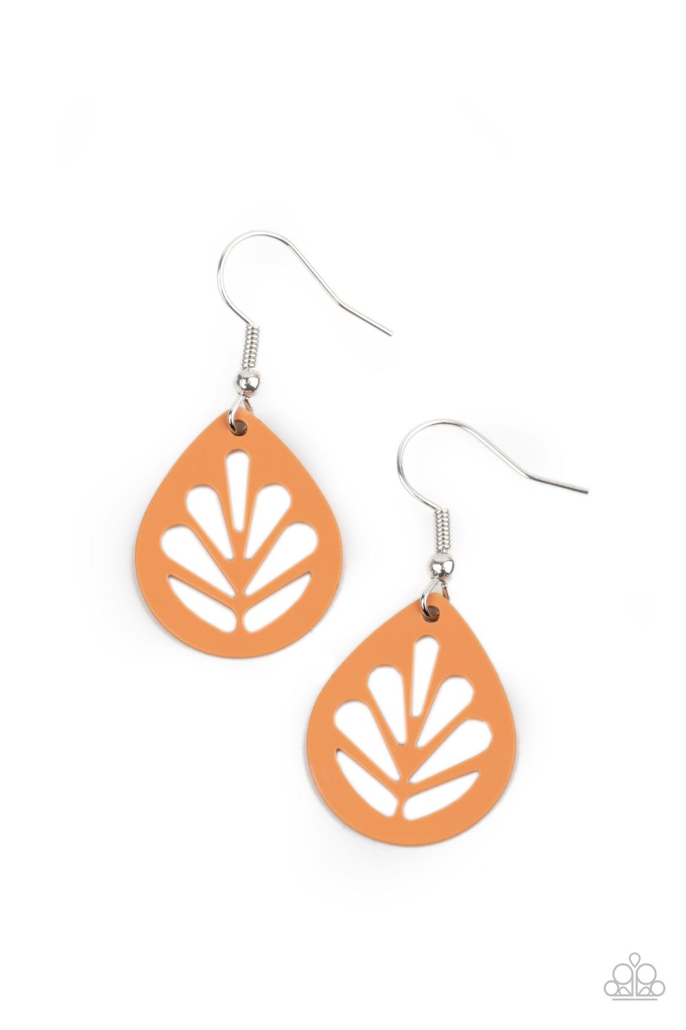 LEAF Yourself Wide Open Orange Earring - Paparazzi Accessories Painted in a colorful Marigold finish, a dainty orange leaf frame is stenciled in airy cutouts for a whimsical seasonal fashion. Earring attaches to a standard fishhook fitting. All Paparazzi Accessories are lead free and nickel free! Sold as one pair of earrings.