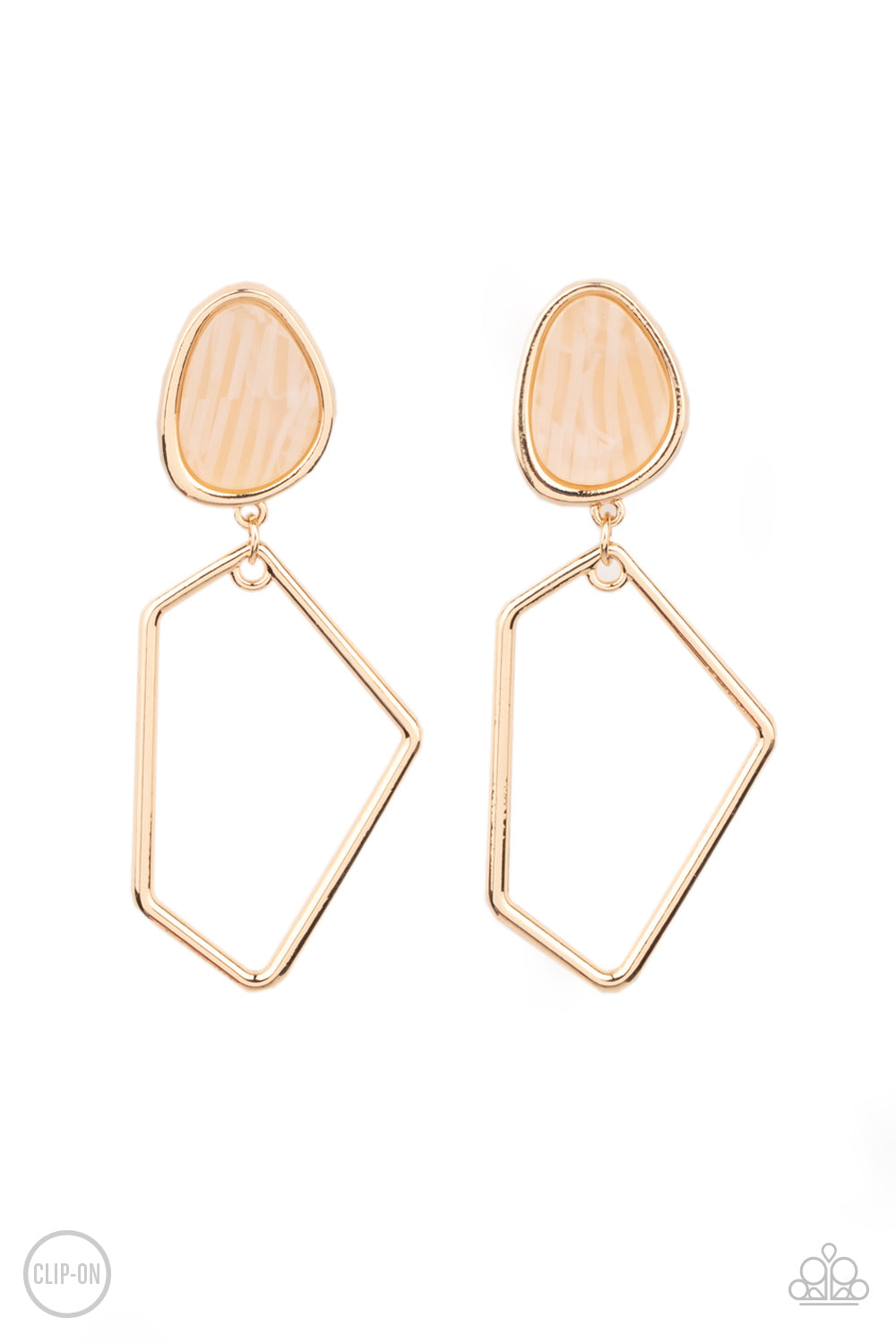 Retro Reverie Gold Clip-On Earring - Paparazzi Accessories Encased in a classic gold fitting, an abstract faux stone fitting gives way to an airy geometric gold frame for a refined asymmetrical look. Earring attaches to a standard clip-on fitting. All Paparazzi Accessories are lead free and nickel free! Sold as one pair of clip-on earrings.
