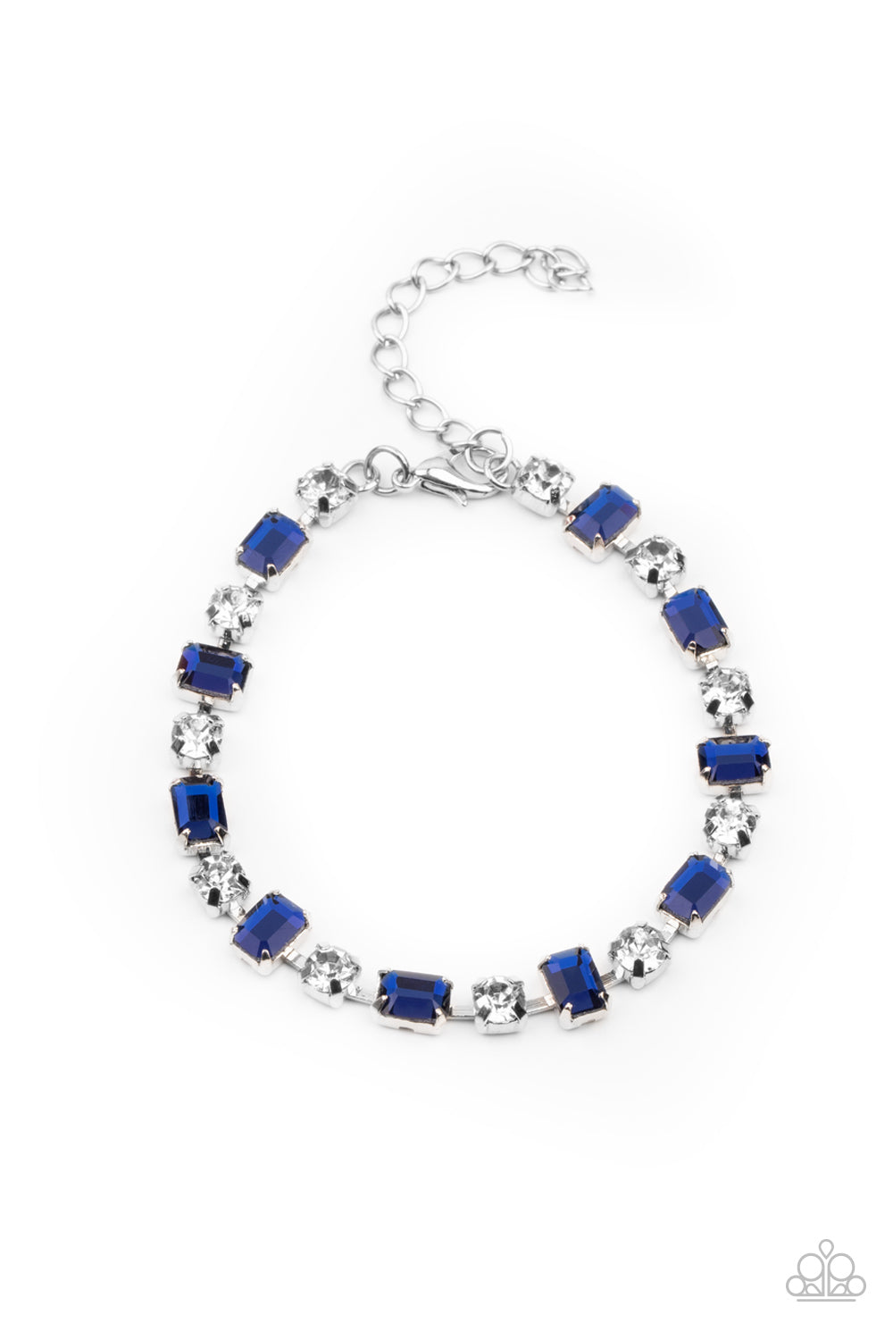 Out In Full FIERCE Blue Bracelet - Paparazzi Accessories Featuring pronged silver fittings, emerald cut blue rhinestones alter in position as they alternate with classic white rhinestones around the wrist for a timeless look. Features an adjustable clasp closure. All Paparazzi Accessories are lead free and nickel free! Sold as one individual bracelet.