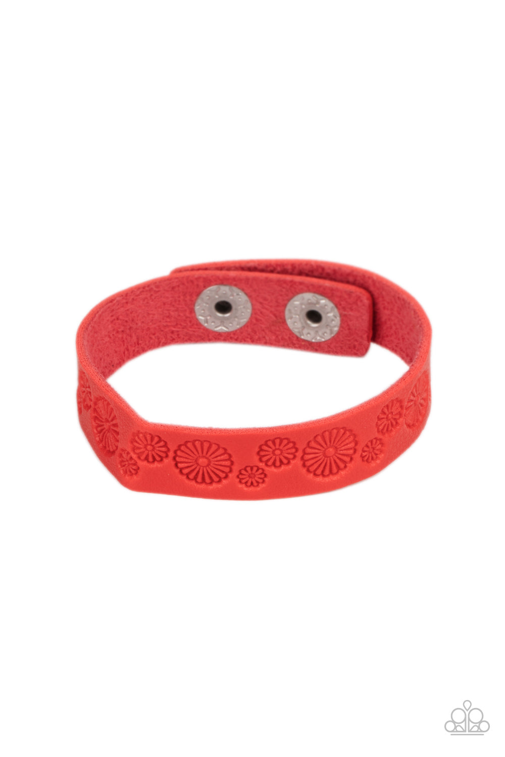 Follow The Wildflowers Red Wrap Bracelet - Paparazzi Accessories. Stamped in a whimsical daisy pattern, a dainty red leather band wraps around the wrist for a seasonal flair. Features an adjustable snap closure. All Paparazzi Accessories are lead free and nickel free! Sold as one individual bracelet.