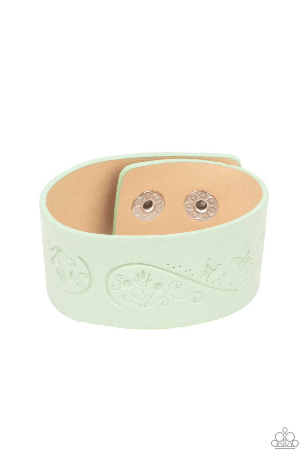 Butterfly Canopy Green Wrap Bracelet - Paparazzi Accessories. The front of a Green Ash leather band is stamped in a decorative butterfly and flower pattern, creating a whimsical display around the wrist. Features an adjustable snap closure. All Paparazzi Accessories are lead free and nickel free! Sold as one individual bracelet.